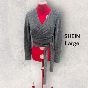 SHEIN large silver metallic wrap top EUC
